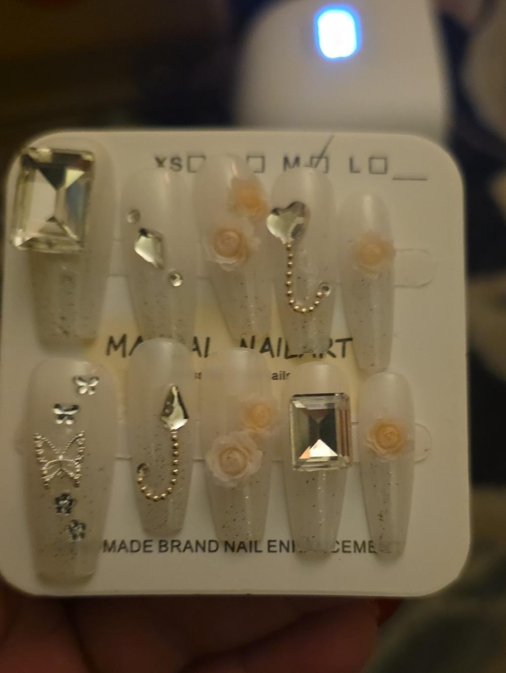 Elegant Nude Rose 3D Acrylic Press-On Nails with Rhinestones Med